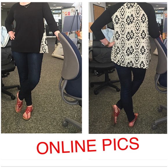 STITCH FIX LE LIS Mari M Black Pattern Mix Material 3/4 Sleeve Knit High-Low Top - Picture 10 of 11